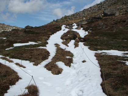 南沼の縦走路との分岐です。雪が吹きたまる箇所らしく、深いところでは腰まで雪に潜ってしまいました。