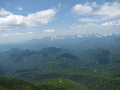 十勝連峰。右の大きな円錐がオプタテシケ山。中央が十勝岳、左端が富良野岳。