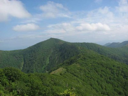 下川登山道の分岐から見たウェンシリ岳といま歩いてきた稜線