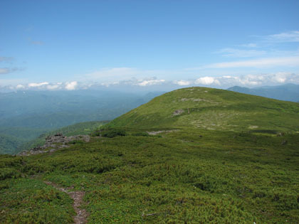 文蔵岳への道、ピークと文蔵岳の間のなだらかなコルは道がはっきりと付けられていないので迷いやすいです