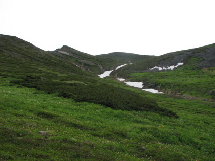 左手に永山岳の手前のピーク、中央に安足間岳がみえます
