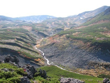 桂月岳の頂から見た凌雲岳のすそ野の渓谷