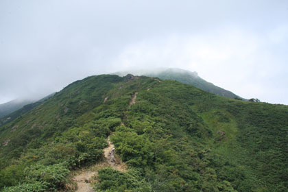 谷川岳の頂を振り返ると雲に隠されていました。