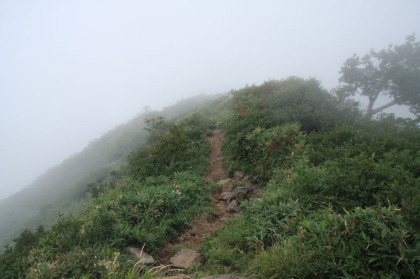 稜線歩きの道。この辺りから雲がかかってきました。