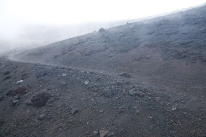 宝永の噴火口の内側の斜面を登ります。砂礫で葦の踏ん張りが効かないので、足の裏とふくらはぎに疲労が蓄積されます。