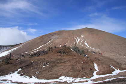 噴火丘の妙高岳を外輪山の東側から見たところ。