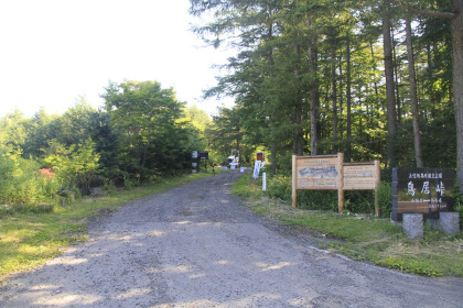 鳥居峠の登山口。ゲートで閉じられている林道です。