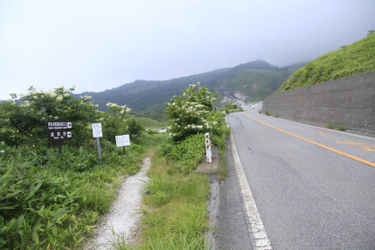 殺生河原の遊歩道の国道にある入り口。駐車場はありません。