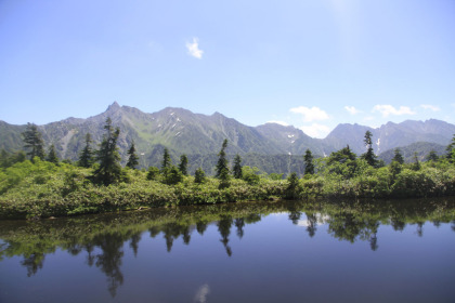 鏡平山荘の池から見た槍と穂高。