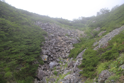 垂直に近い岩場を登ります。