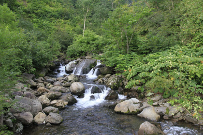 第二吊り橋から見たペンケペタン川の風景。三段の滝のようにも見えます。