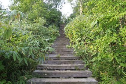 雨竜沼湿原を歩き終えると、急峻な坂道となります。木製の階段が設けられています。始めて雨竜沼湿原を訪れてこの階段を上った時には急な坂に驚きました。