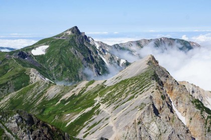 杓子岳（手前）と白馬岳（奥）。