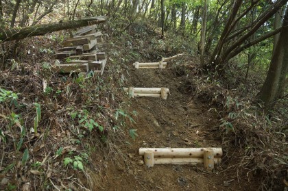 大ダワ峠から御前山への登り道は、急斜面に階段を設けている途中でした。