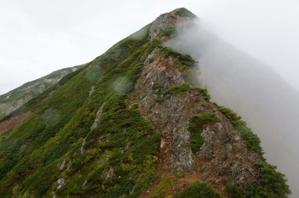 唐松岳の東の崩落斜面に風が当たって雲を湧かせていました。