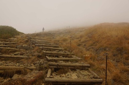 谷川岳トマの耳に登る土留めの階段。かなりの高い段差なので、体力を消耗します。この辺りで霧に覆われました。