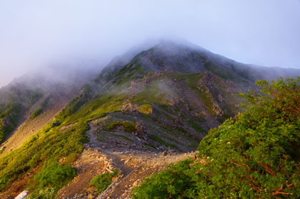 雲にかすむ農鳥岳。