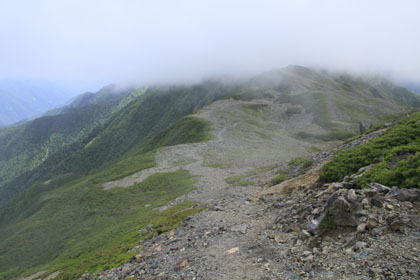 農鳥岳と広河内岳の鞍部。大門沢の下りが分岐して居ます。