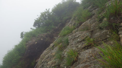 オジカ沢ノ頭の岩場。滑りやすい岩が多く、雨天の日は要注意です。
