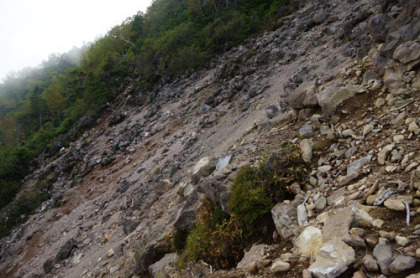 小真名子山の火山岩の登り道。