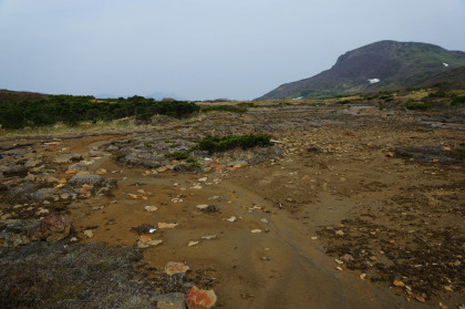 前日の雨の水流跡が残る清水平と背景の三本槍ヶ岳。