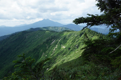 肩ノ小屋から下って大津岐峠に向かうと、中ほどの岩のピークの先に燧ヶ岳が見えます。